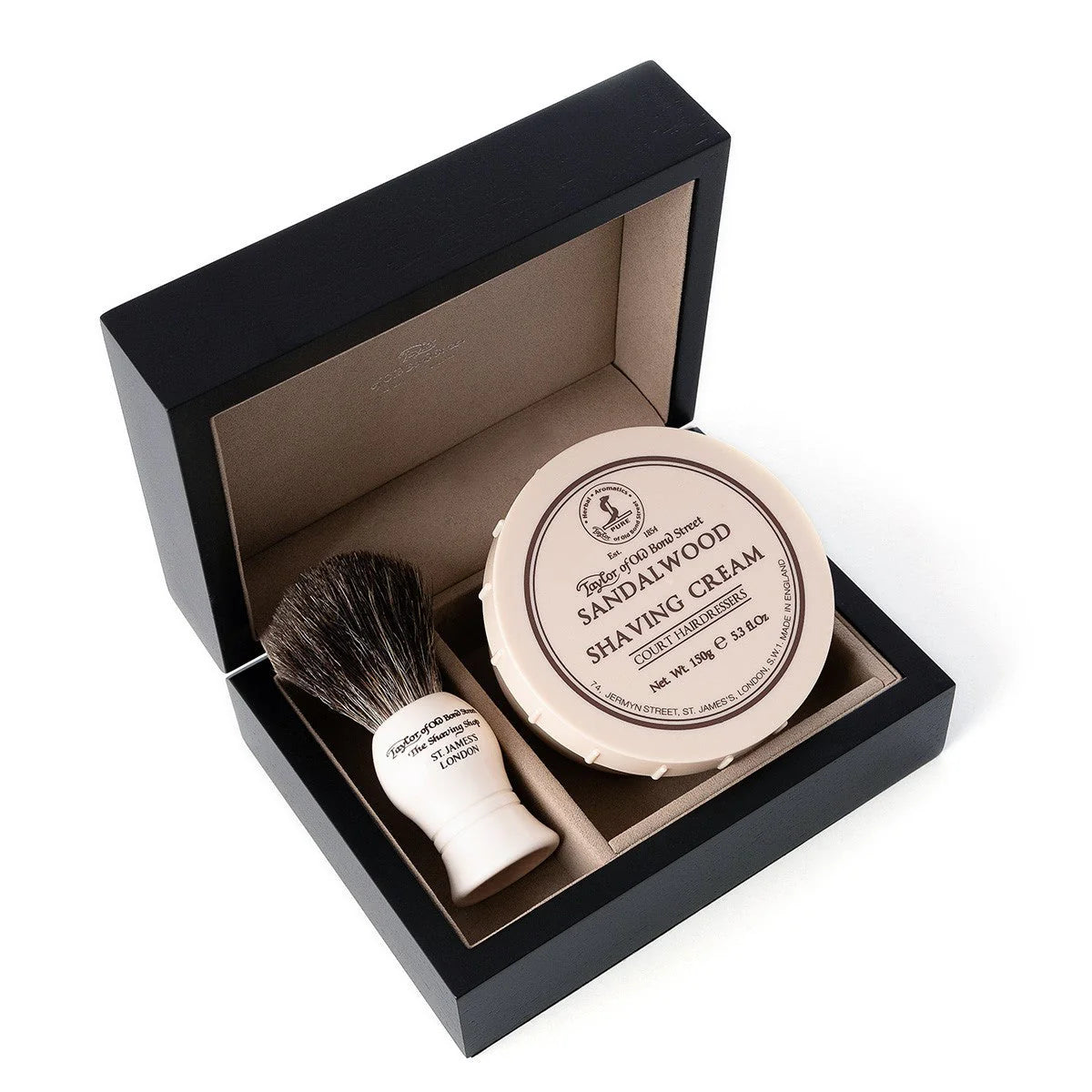 Taylors Wooden Gift Box ~ Imitation Ivory Badger Brush and Shave Cream